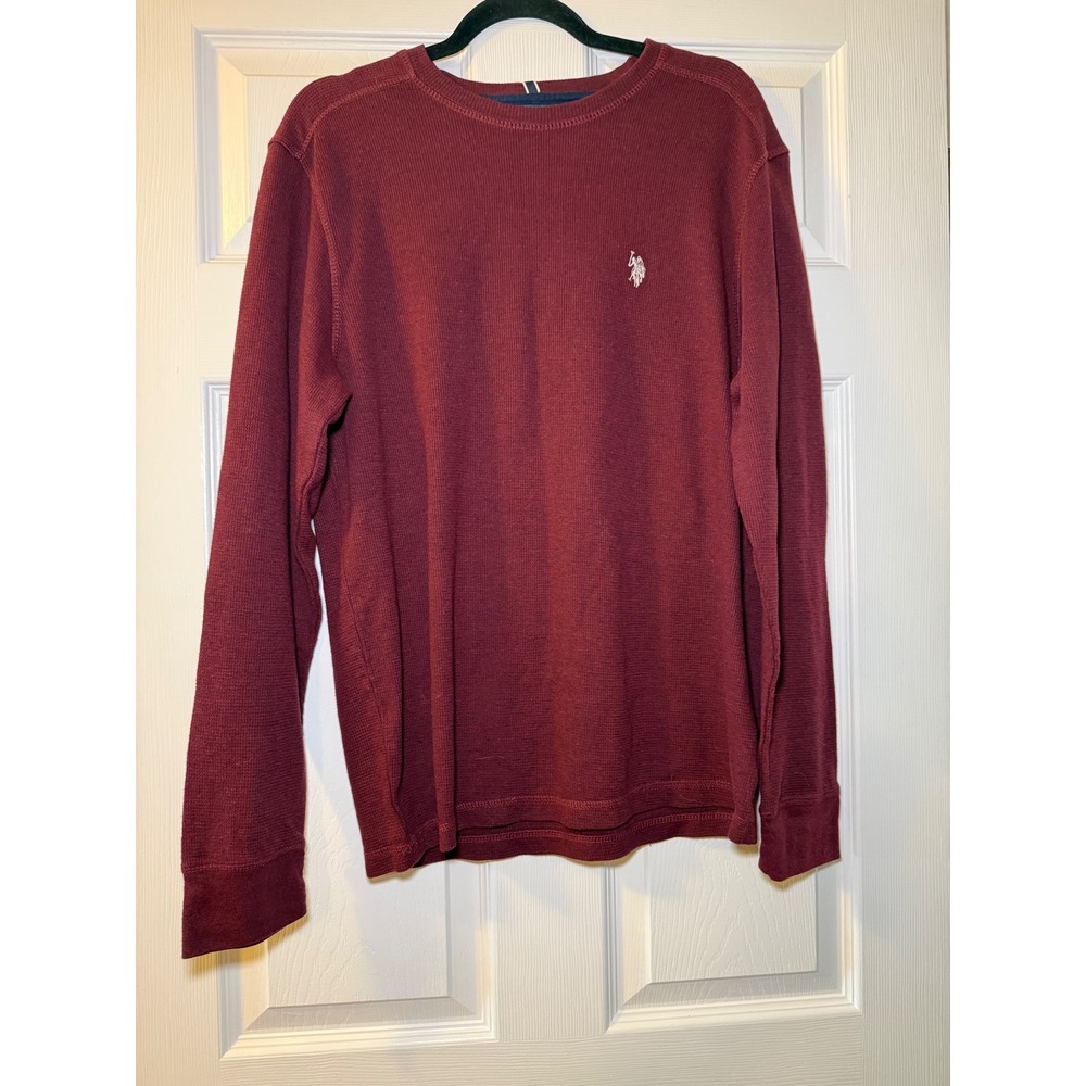 US Polo Assn Thermal Shirt Mens L Burgundy Waffle Knit Long Sleeve Logo Tee Gorp